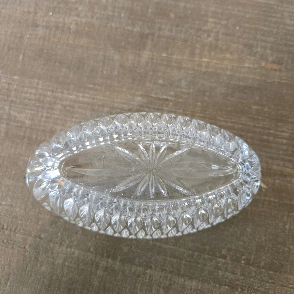 Vintage Crystal Napkin Holder Clear Cut Glass Oval Starburst Dining Accessory